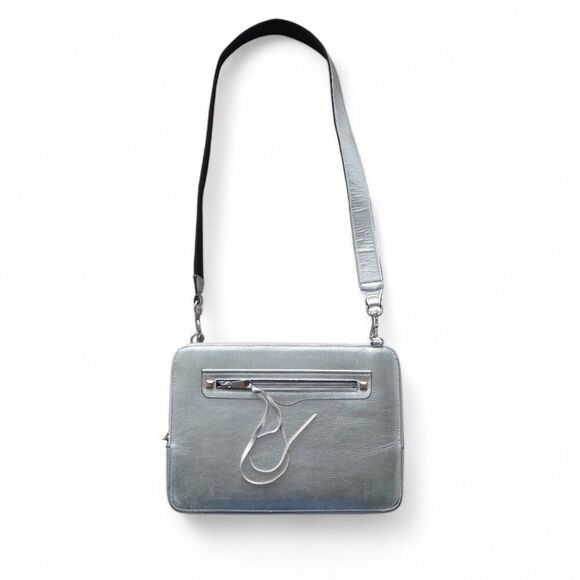 Rebecca Minkoff 13" Regan Laptop Computer Sleeve Crossbody Bag Metallic Silver - Picture 2 of 10